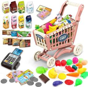img 4 attached to Kids Shopping Cart Trolley For Groceries & Role Play Educational Toy - DeAO 65-Piece Playset For Toddlers, Fruit & Vegetables Pretend Food Set.