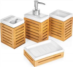 img 2 attached to Homevative 4 Piece Bathroom Accessories Set, Ceramic And Natural Bamboo, Great For Any Bathroom Style