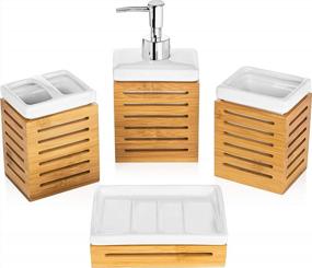 img 4 attached to Homevative 4 Piece Bathroom Accessories Set, Ceramic And Natural Bamboo, Great For Any Bathroom Style