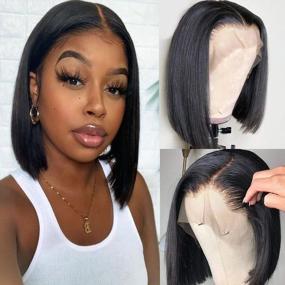 img 4 attached to Get Your Perfect Look With Ainmeys 13X4 Brazilian Straight Human Hair Wig - Pre Plucked And Bleached Knots, Ideal For Black Women (12Inch)
