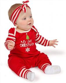 img 3 attached to Новогодний наряд для новорожденных мальчиков и девочек, комбинезон с длинными рукавами, полосатый комплект с повязкой на голову