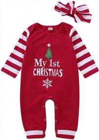 img 4 attached to Newborn Baby Boy Girl Christmas Outfit Long Sleeve Romper Jumpsuit Striped Headband Set