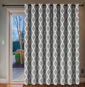 img 4 attached to Thermal Insulated Extra Wide Blackout Curtain For Sliding Glass Door - Grommet Top Patio Door Curtain In Dove And White Moroccan Tile Quatrefoil Pattern (100X96 Inches) By H.VERSAILTEX