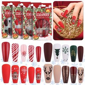 img 4 attached to 96Pcs Christmas Fake Nails - Coffin Press On Nail Kits With Snowflake, Tree Elk Design For Women Girl Nail Art Decoration