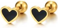 women's stainless steel flat heart stud earrings with black enamel and screw back closure logo