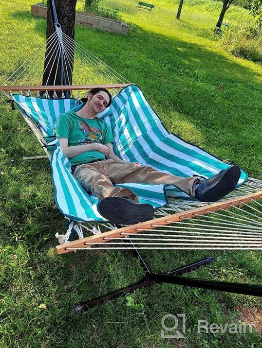 img 1 attached to Cotton Rope Pad Hammock With Stand 400Lbs Capacity, Indoor Outdoor Use 12 Feet Hammock Stand Spreader Bar Hammock Pad And Pillow Combo 2 Storage Bags Included (Cyan Stripe) review by Curtis Nice