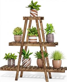 img 4 attached to Rustic Brown 3-Tiered Wooden Plant Stand For Indoor And Outdoor Use - Perfect For Displaying Multiple Flower Pots And Garden Plants