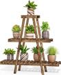 rustic brown 3-tiered wooden plant stand for indoor and outdoor use - perfect for displaying multiple flower pots and garden plants logo
