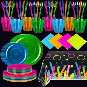 img 4 attached to Glow Neon Party Supplies Set - Includes 32 Servings Of Plastic Tablecover, Cups, Plates, Cutlery, Napkins, Assorted Glow Decorations For Blacklight, Birthday, And Special Occasions