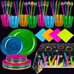 glow neon party supplies set - includes 32 servings of plastic tablecover, cups, plates, cutlery, napkins, assorted glow decorations for blacklight, birthday, and special occasions logo