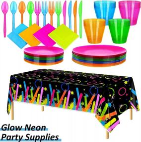 img 3 attached to Glow Neon Party Supplies Set - Includes 32 Servings Of Plastic Tablecover, Cups, Plates, Cutlery, Napkins, Assorted Glow Decorations For Blacklight, Birthday, And Special Occasions
