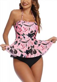 img 3 attached to Floral Print Tummy Control Tankini Set: ADOME Women'S Swimwear With Ruffle Halter In XS-3XL