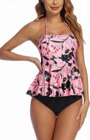 img 4 attached to Floral Print Tummy Control Tankini Set: ADOME Women'S Swimwear With Ruffle Halter In XS-3XL