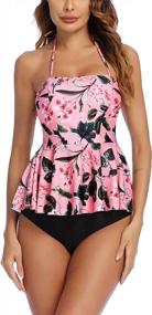 img 1 attached to Floral Print Tummy Control Tankini Set: ADOME Women'S Swimwear With Ruffle Halter In XS-3XL