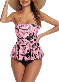img 2 attached to Floral Print Tummy Control Tankini Set: ADOME Women'S Swimwear With Ruffle Halter In XS-3XL