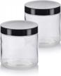 set of 2 large clear glass jars with foam lined black lids, 16 oz / 480 ml capacity and straight sided design logo