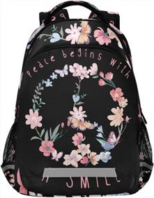 img 4 attached to Красочный весенний цветочный рюкзак со знаком мира, бабочкой и отделением для ноутбука - идеально подходит для школы и колледжа