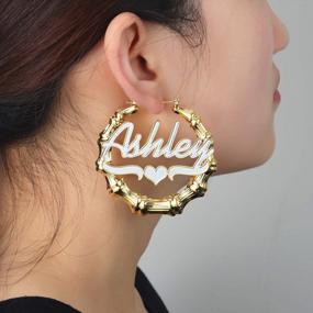 img 2 attached to Qitian Bamboo Hoop Name Earrings - 30Mm-75Mm Size Custom Hoop Rhinestone Earrings Персонализированные серьги с именной табличкой Настроить серьги с бриллиантами для женщин Девушки Модные ювелирные изделия Подарок