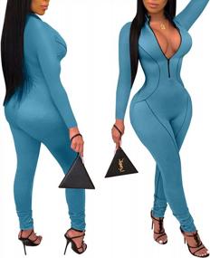 img 3 attached to SheKiss Blue V-Neck Zipper Jumpsuit: Sleek And Sexy High-Waisted Bodycon Romper For Women