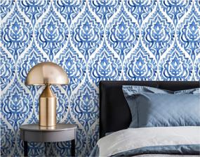 img 2 attached to 17.7In X 9.8Ft HAOKHOME Peel & Stick Wallpaper: Watercolor Damask, Indigo/White Brush Drawn Removable Vinyl Self Adhesive Contactpaper