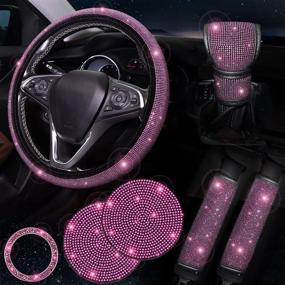 img 4 attached to 💎 Enhance Your Car's Glamour with ToBeQueen 7 Pack Pink Bling Car Accessories Set: Pink Diamond Steering Wheel Cover, Seat Belt Cushion, Gear Shift Cover, Car Bling Ring, Coasters & More!