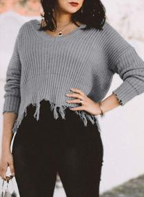 img 3 attached to Women'S V-Neck Long Sleeve Ripped Distressed Pullover Knit Crop Sweater, Size S To 2XL