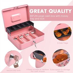 img 3 attached to Large Steel Cash Box With Money Tray And Lock, 11.8"L X 9.5"W - Pink, Includes 2 Keys By INFUN