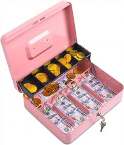 img 4 attached to Large Steel Cash Box With Money Tray And Lock, 11.8"L X 9.5"W - Pink, Includes 2 Keys By INFUN