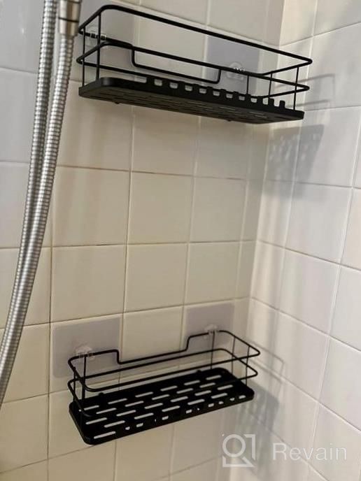 img 1 attached to 2 Packs Adhesive Shower Caddy With Hooks - No Drilling Rustproof Traceless Stainless Steel Wall Mounted Shower Storage Organizer Shelf Rack Holder For Bathroom Toilet Restroom Kitchen - Matte Black review by Angie Miller