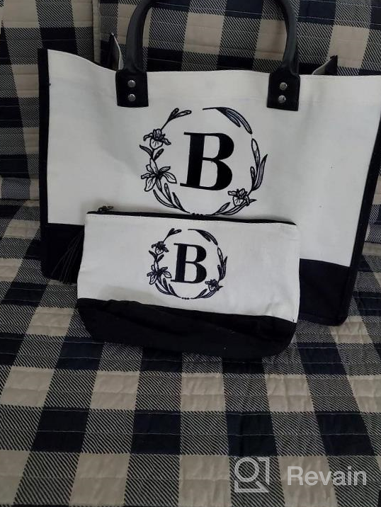 img 1 attached to Personalized Canvas Tote Bag With Monogram Embroidery And Leather Handle - Ideal Birthday Gift For Women By BeeGreen review by Robert Carlson