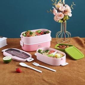 img 1 attached to Stackable Japanese-Style Bento Box Lunch Container For Adults & Teens With Sauce Container, Divider, Utensils & Pink Color - Microwave & Dishwasher Safe - ZZQ Classic