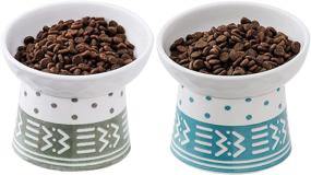 img 4 attached to Elevated Ceramic Cat Bowls Set For Stress-Free Feeding, Tilted Raised Food And Water Bowl For Cats And Puppies, Porcelain Dish For Pet, Cyan & Grey, Pack Of 2 - TAMAYKIM