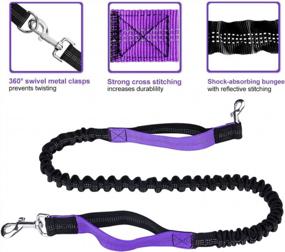 img 3 attached to Hands Free Dog Leash For Running Walking Training Hiking, Dual-Handle Reflective Bungee, Poop Bag Dispenser Pouch, Adjustable Waist Belt, Shock Absorbing, Ideal For Medium To Large Dogs (Black/Purple)