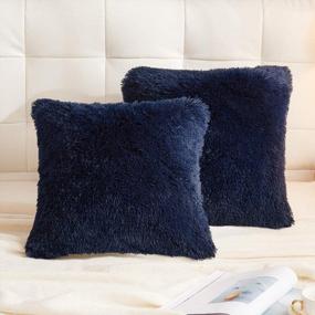 img 4 attached to Set Of 2 LIFEREVO Faux Fur Pillow Shams - Navy Blue, 18X18 Inches, Zipper Closure, Luxury Decorative Cushion Covers For Christmas, No Pillow Insert Included