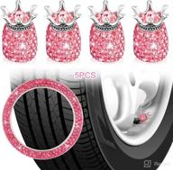 4-pack sparkling pink crown valve stem caps - crystal rhinestone chrome dustproof universal car tire valve caps with bonus ring emblem engine start sticker логотип