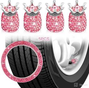 img 4 attached to 4-Pack Sparkling Pink Crown Valve Stem Caps - Crystal Rhinestone Chrome Dustproof Universal Car Tire Valve Caps with Bonus Ring Emblem Engine Start Sticker