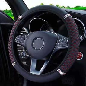img 3 attached to 💎 Universal 15 Inch Diamond Leather Steering Wheel Cover with Crystal Rhinestones, Anti-Slip Car Accessories for Women Girls – Black&amp;Red