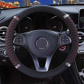 img 2 attached to 💎 Universal 15 Inch Diamond Leather Steering Wheel Cover with Crystal Rhinestones, Anti-Slip Car Accessories for Women Girls – Black&amp;Red