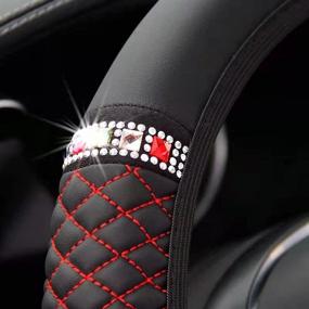 img 1 attached to 💎 Universal 15 Inch Diamond Leather Steering Wheel Cover with Crystal Rhinestones, Anti-Slip Car Accessories for Women Girls – Black&amp;Red