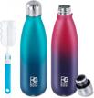 bogi insulated water bottle, 17oz 2 pack stainless steel water bottles, leak proof sports metal water bottles keep drink cold for 24 hours and hot for 12 hours bpa free kids water bottle for school logo