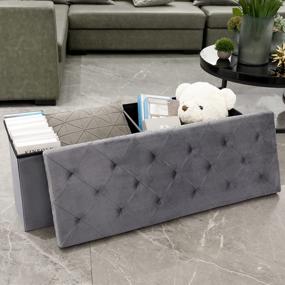 img 3 attached to Folding Storage Ottoman Bench: 140L Extra Large Toy Chest Footrest In Luxury Grey Velvet Fabric - B FSOBEIIALEO