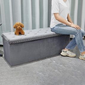 img 1 attached to Folding Storage Ottoman Bench: 140L Extra Large Toy Chest Footrest In Luxury Grey Velvet Fabric - B FSOBEIIALEO