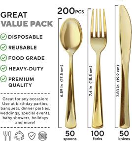 img 1 attached to ✨ Ecoryte 200pcs Premium Heavy-Duty Gold Plastic Silverware - 100 Forks, 50 Spoons, and 50 Knives - Gold Utensils for Parties - Disposable & Reusable Gold Silverware - BPA Free (Gold)