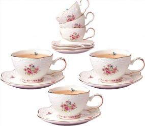 img 4 attached to Jusalpha® 7 Oz Porcelain Tea Sets Flower Series Tea Cup And Saucer Set-Coffee Cup Set With Saucer And Spoon FD-TCS11 (Set Of 6)
