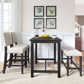 img 3 attached to Solid Wood Dining Table Set With Upholstered Bench And Chairs, Nailhead Trim, Footrest, Espresso+Beige Finish - Merax 4-Piece Kitchen Furniture