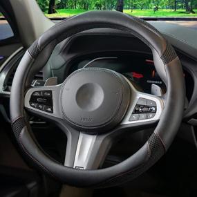 img 2 attached to 🚗 Premium Black Leather Car Steering Wheel Cover for Men and Women - Universal Fit (14.5~15inch) with Ice Silk, Microfiber, and Breathable Design - Anti-Slip Feature