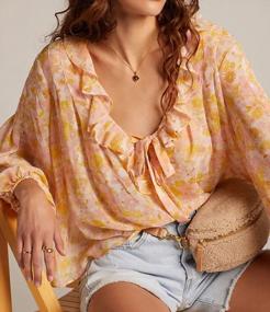img 2 attached to Boho Chic Perfection: женская шифоновая блузка R.Vivimos с длинными рукавами, V-образным вырезом с оборками и цветочным принтом