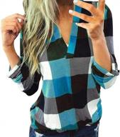 women's plaid tunic blouse with rolled-up long sleeves, v-neck, and raglan cut - winsummer t-shirt top logo