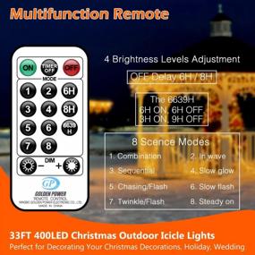 img 2 attached to Christmas Icicle Lights Outdoor 33FT 400LED Outdoor Waterproof Holiday Decorations Lights With Remote Control, 8 Modes, Outside Christmas Lights For House, Porch, Eave, Garden Wall Decor (Warm White)
