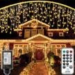 christmas icicle lights outdoor 33ft 400led outdoor waterproof holiday decorations lights with remote control, 8 modes, outside christmas lights for house, porch, eave, garden wall decor (warm white) logo